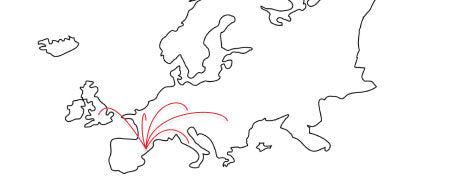 Ritad europakarta med linjer från Spanien och ut över kontinenten.
