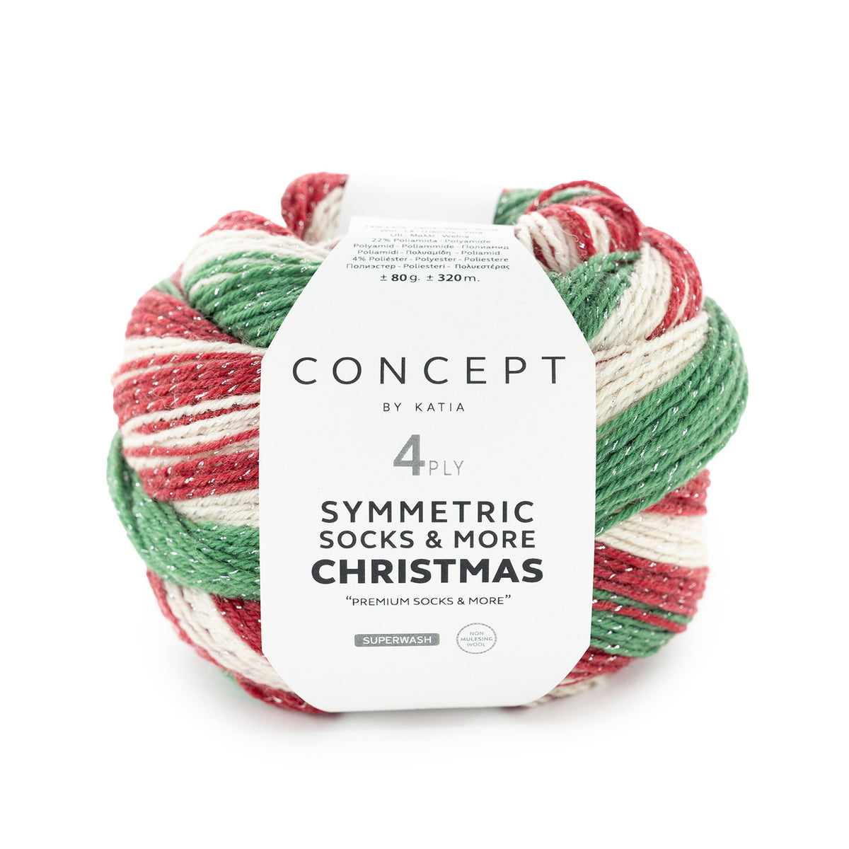 katia symmetric socks & more Christmas. 74% ull - 22% polyamid - 4% metallisk polyester