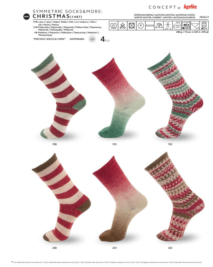 katia symmetric socks & more Christmas. 74% ull - 22% polyamid - 4% metallisk polyester