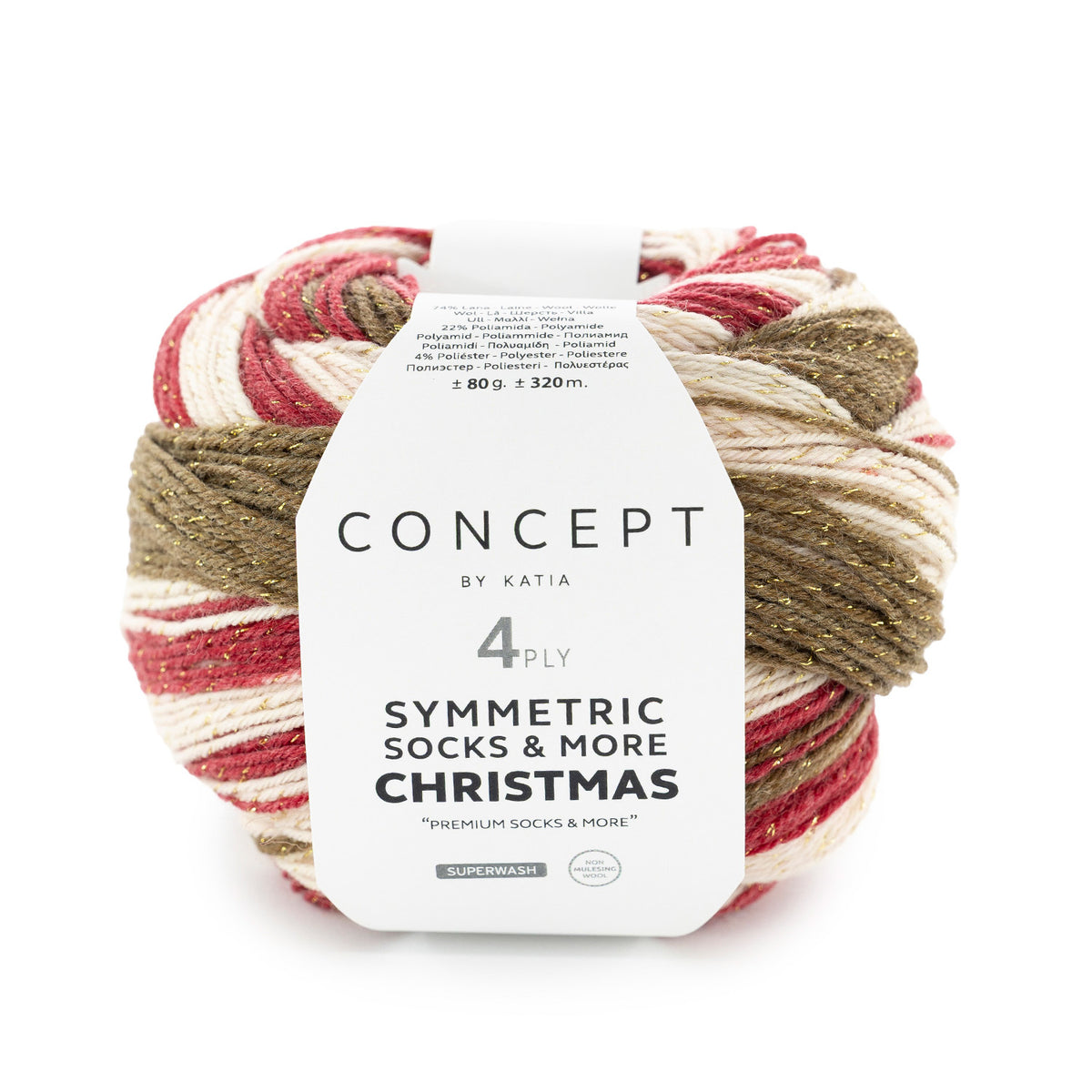 katia symmetric socks & more Christmas. 74% ull - 22% polyamid - 4% metallisk polyester